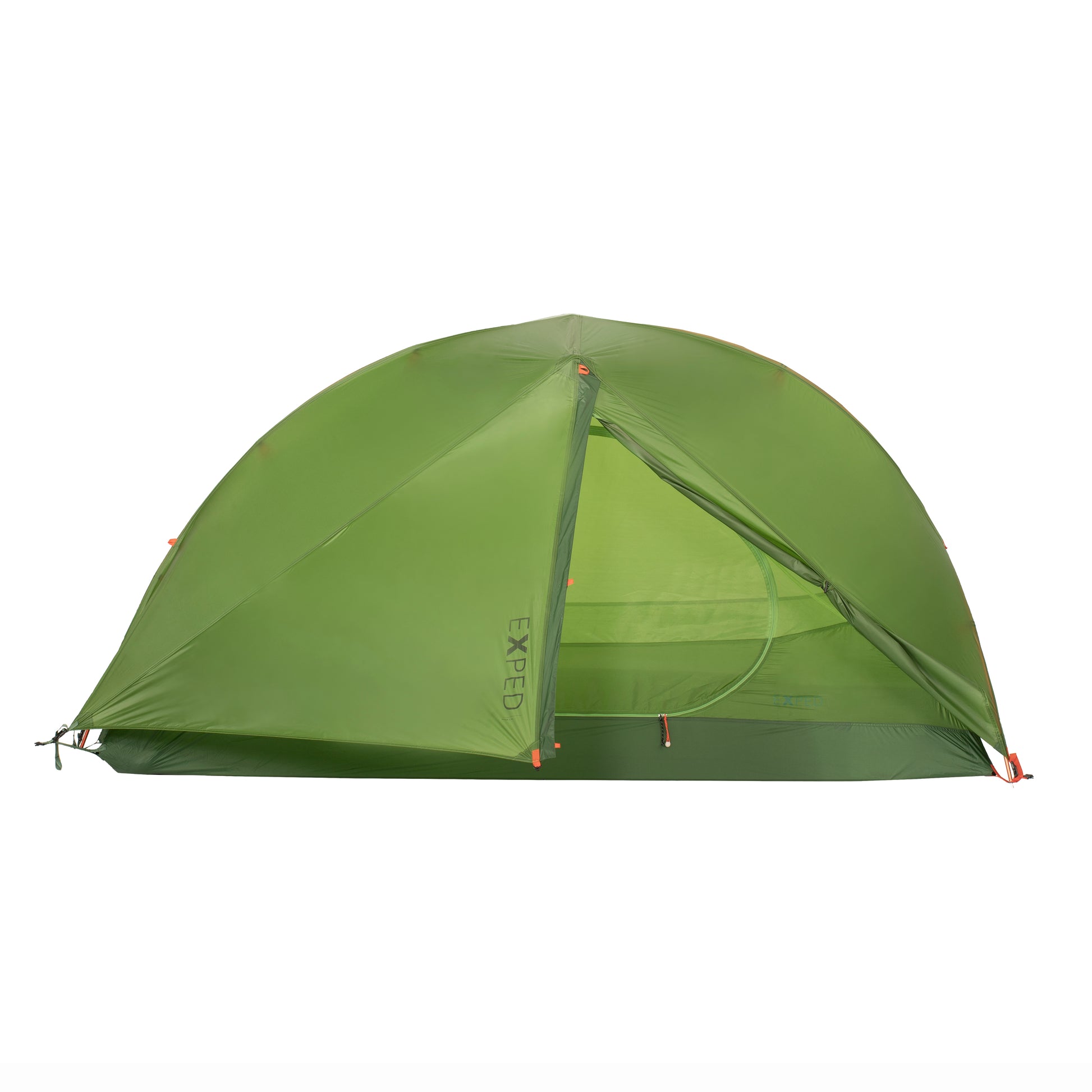 A green, two-person Mira HL tent by Exped, set up outdoors with the canopy covering the entrance and the inner tent visible inside.